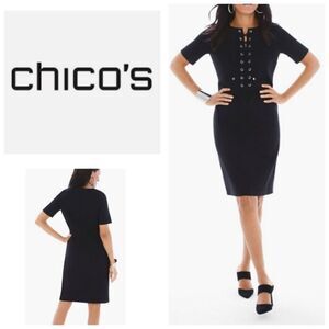 Chicos Black Shortsleeve Soild Lace up Dress